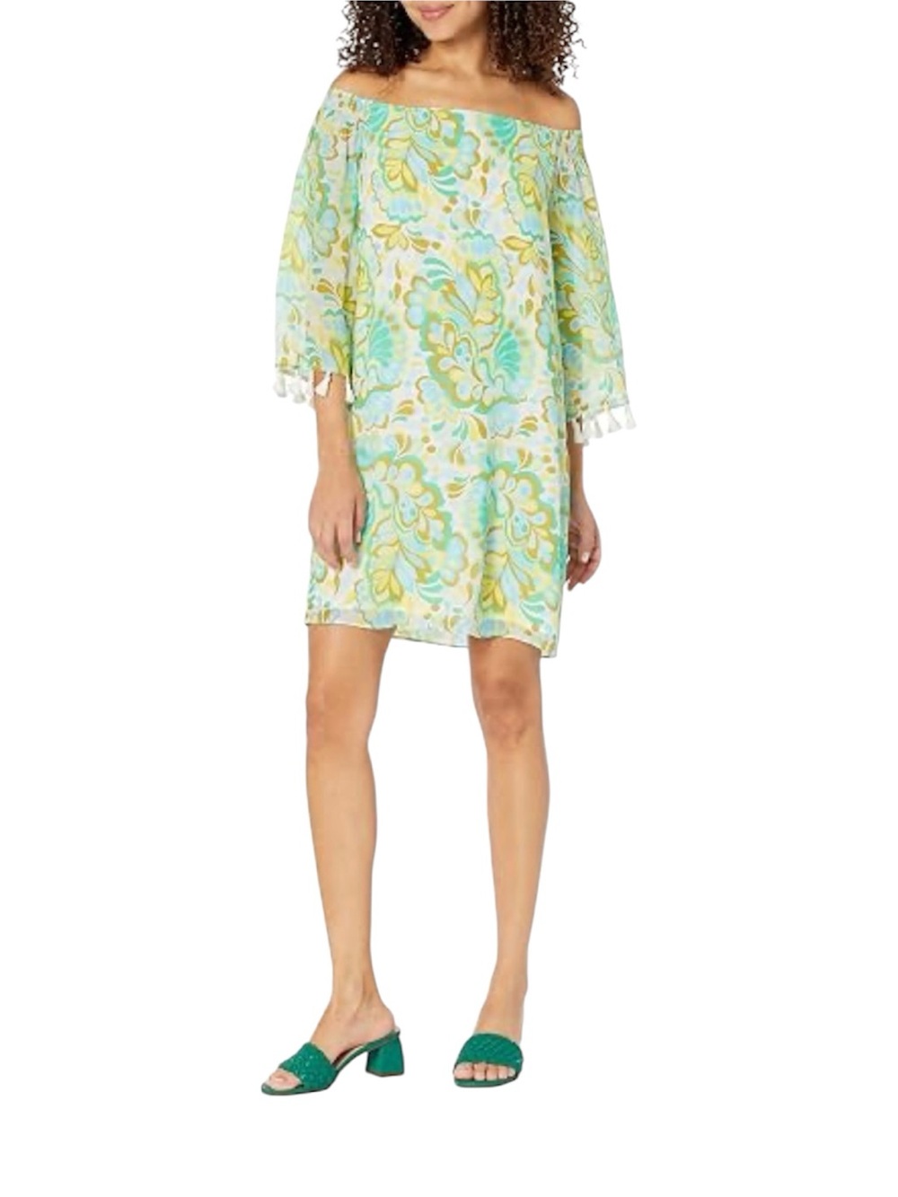 Trina Turk Amaris Off-the-Shoulder Silk Blend Tassel Sleeve Dress XL NWT‎